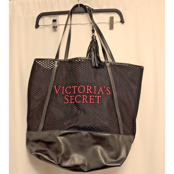 Victoria’s Secret Black Mesh Tassel Large Beach Tote Weekender Bag NEW - Picture 1 of 6